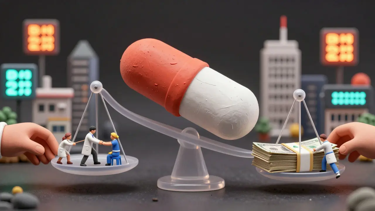 Balançoire symbolique entre le prix d'un médicament et les rebuts secrets de l'industrie.