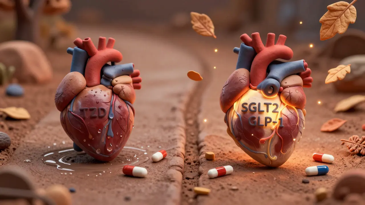 Deux chemins thérapeutiques : un cœur menacé par un médicament et un cœur protégé par des alternatives plus sûres, en style argile.