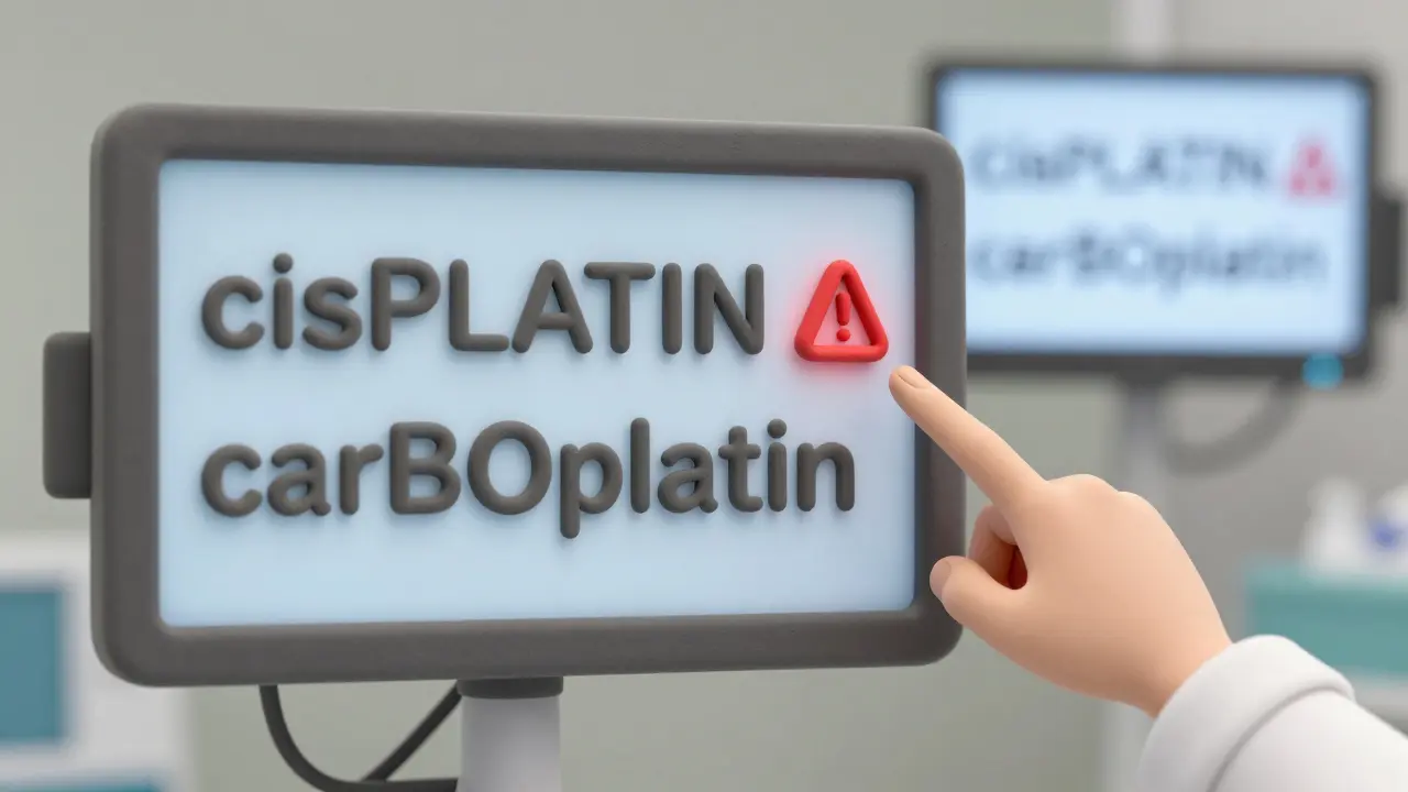 Écran de prescription médicale montrant des noms de médicaments avec des lettres en majuscules distinctives en milieu hospitalier.