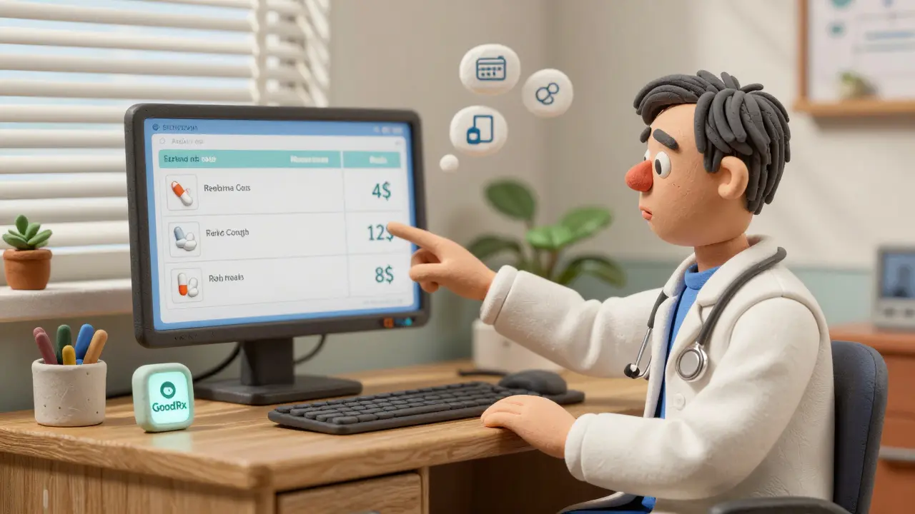 Médecin montrant un comparateur de prix en temps réel à un patient dans son bureau.
