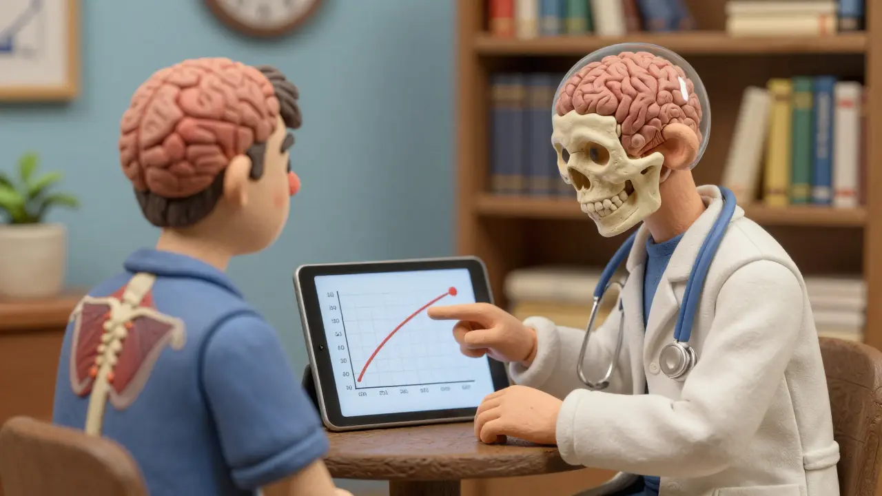 Médecin montrant un graphique à un patient, avec un cerveau transparent projetant une ombre de douleur sur ses muscles.