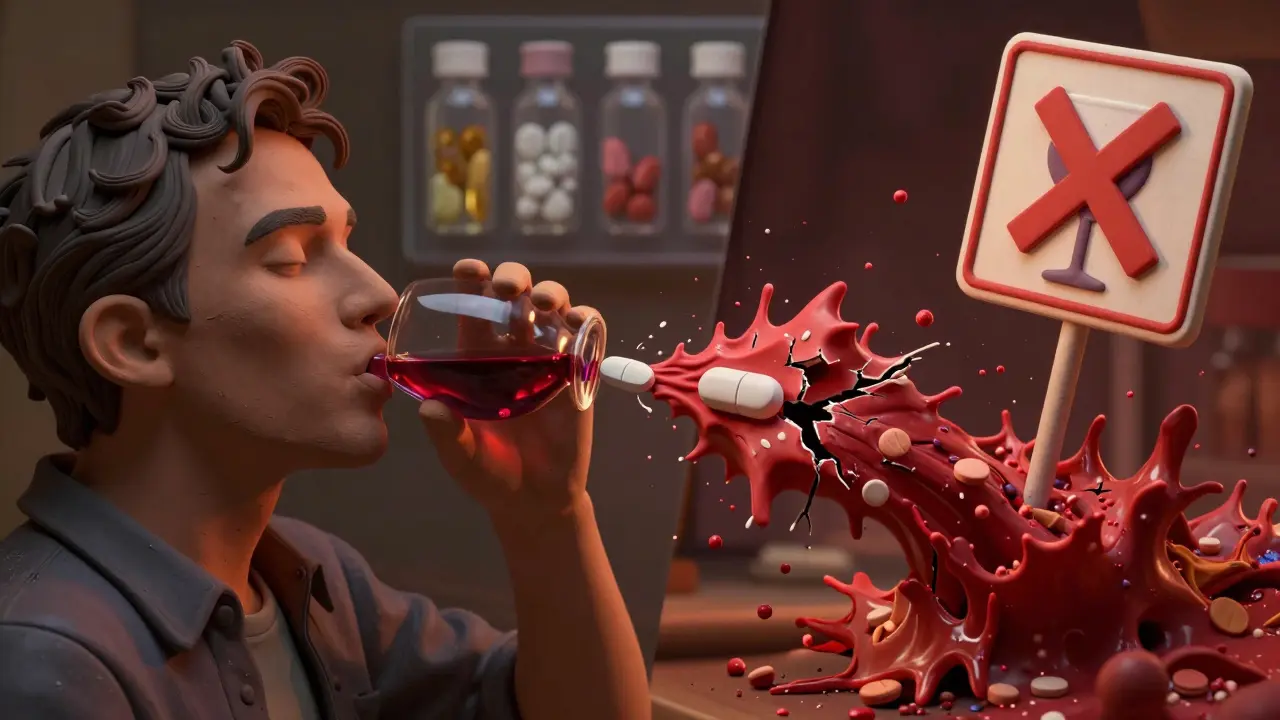 Patient prenant un médicament avec de l'alcool, provoquant une libération brutale et dangereuse du principe actif.