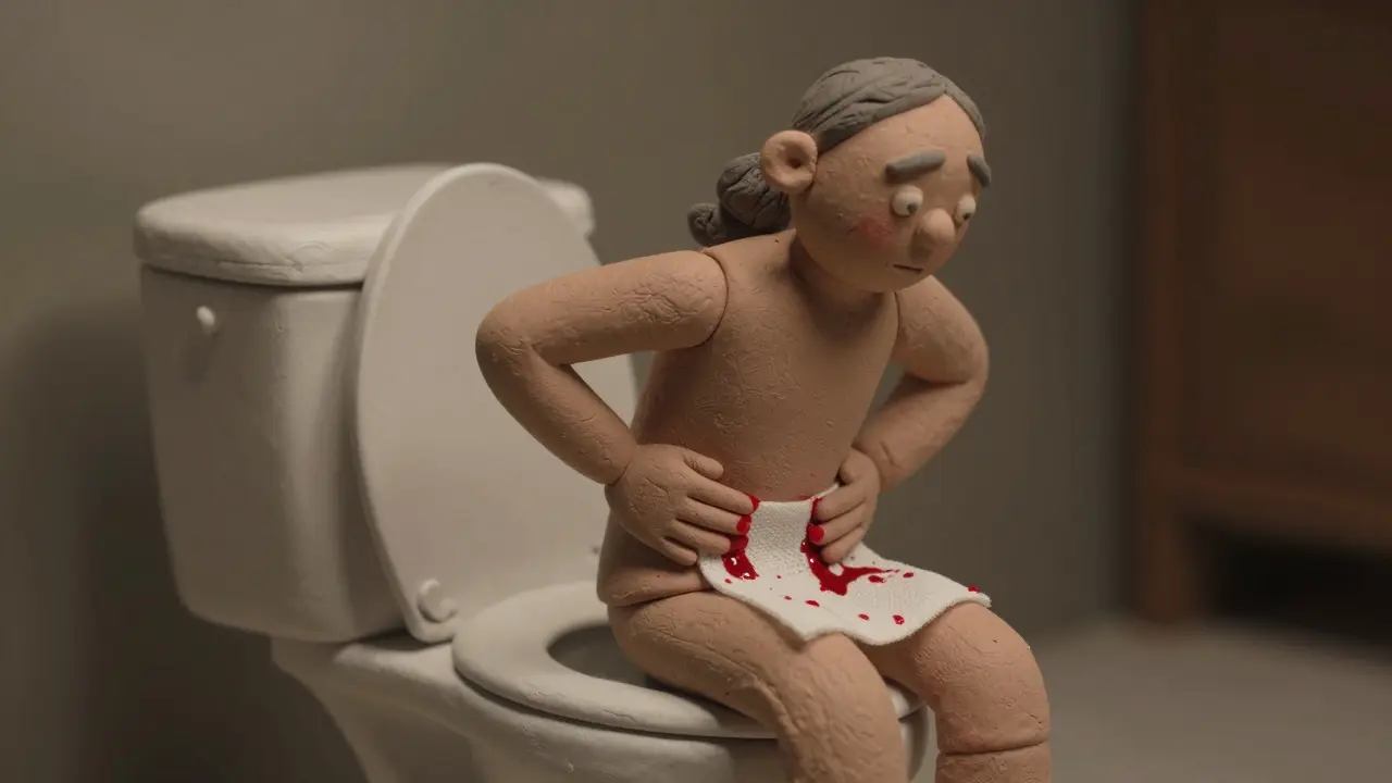 Personnage en argile souffrant de douleur lors d'une selle, sang sur papier toilette.