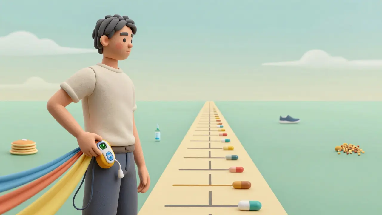 Personne avec un pancréas artificiel, entourée de symboles de santé et d'équilibre glycémique.