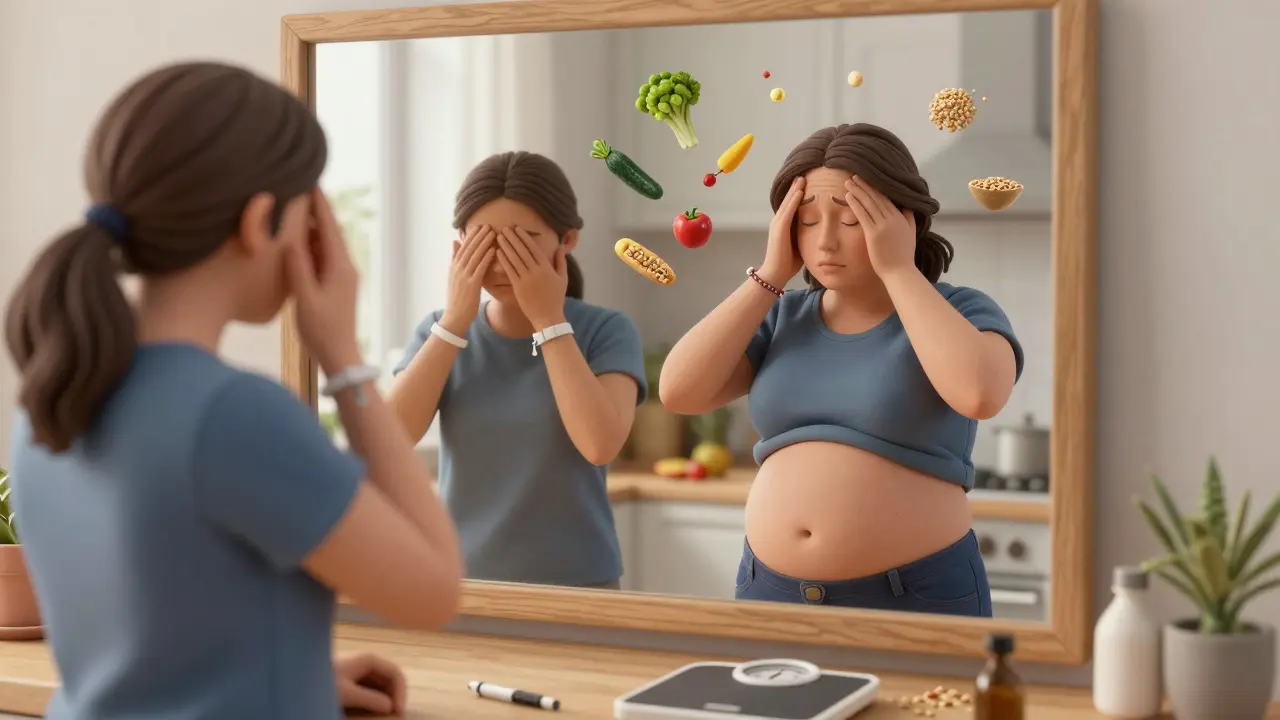 Personne regardant son reflet dans un miroir, entre traitement médical et prise de poids.