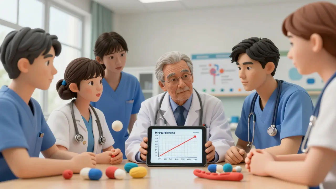 Professionnels de santé discutant d'une étude sur l'équivalence biothérapeutique en salle de réunion.