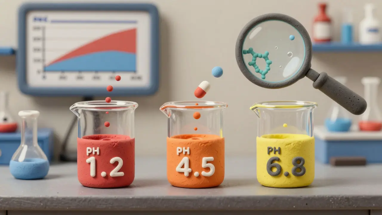Trois béchers de dissolution à différents pH, montrant comment une pilule se décompose différemment selon l'environnement intestinal.