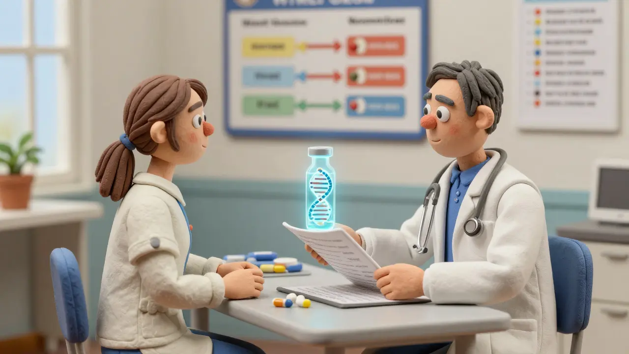 Un médecin et un patient discutent d'un test génétique pour choisir un médicament adapté.