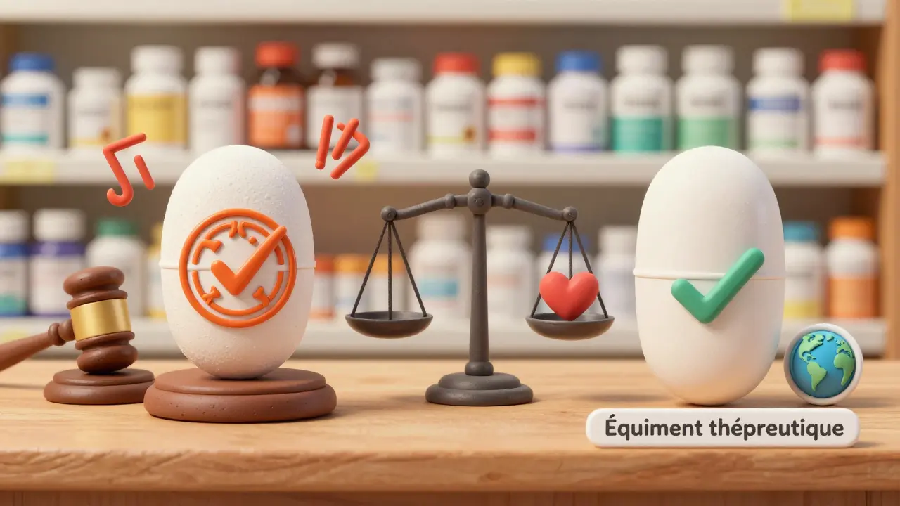 Un médicament de marque et son générique comparés : différences visuelles, mais équivalence thérapeutique confirmée par une balance équilibrée.