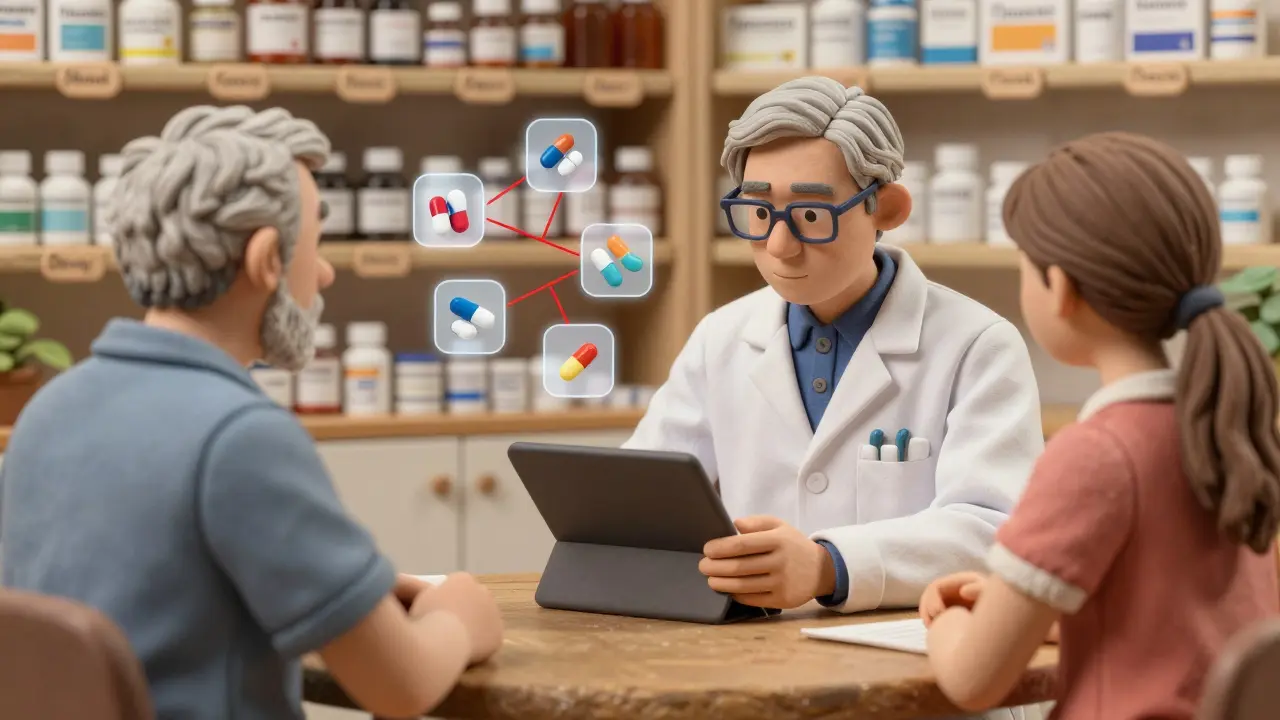 Un pharmacien conseille un senior et sa fille en analysant des interactions médicamenteuses.