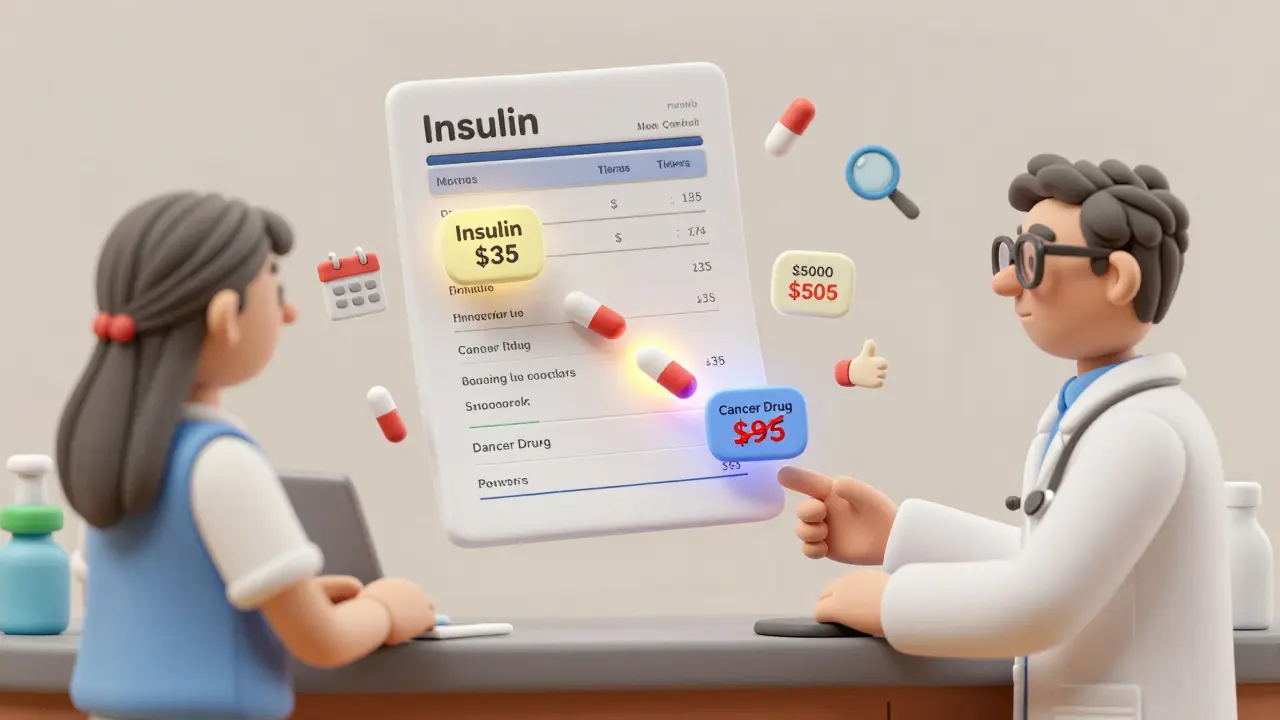 Un pharmacien et un patient regardent une liste dynamique de médicaments avec des prix qui changent en temps réel.