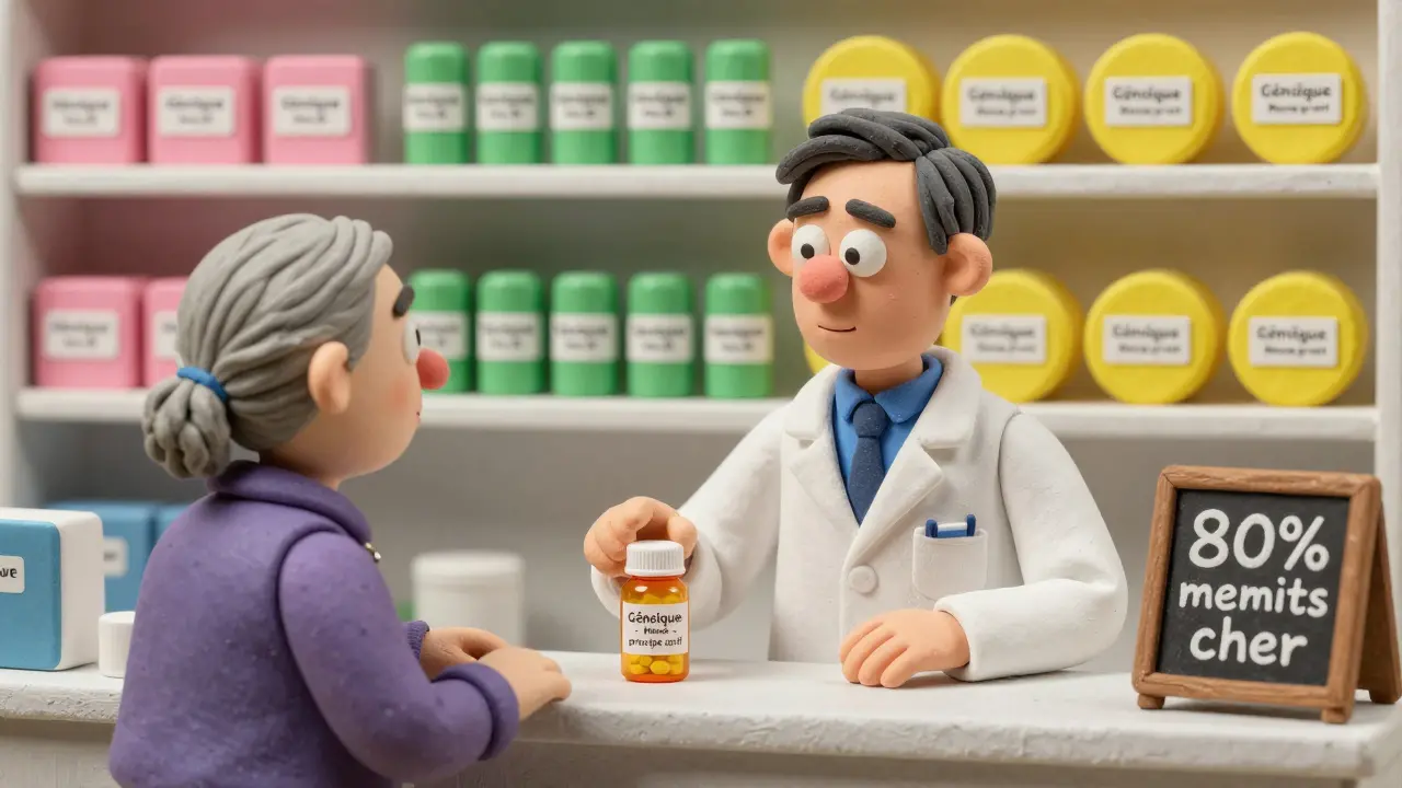 Un pharmacien explique à un patient qu'un comprimé générique a la même substance active, malgré une apparence différente.