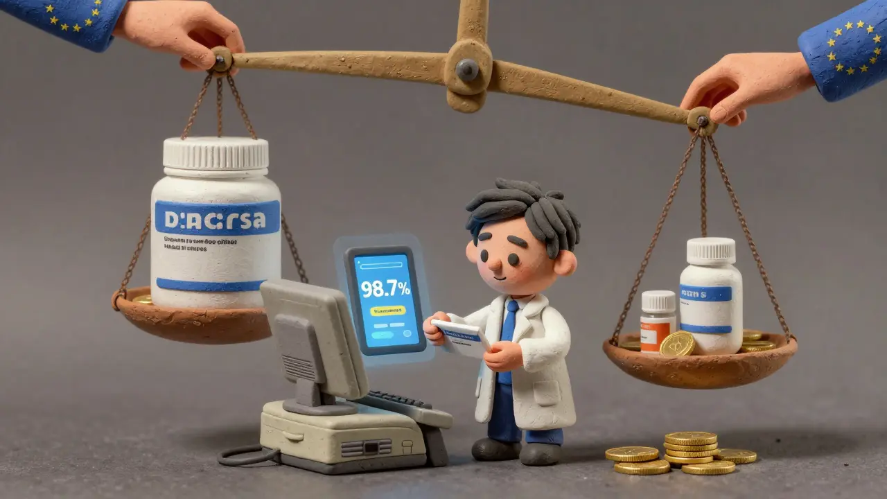 Un pharmacien indépendant compare un ancien ordinateur à une tablette blockchain, avec une balance symbolisant l'équité.