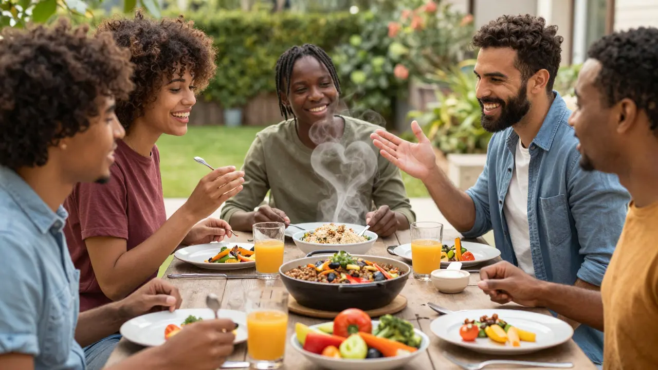 Un repas végétal coloré partagé entre amis, avec une vapeur en forme de cœur s'élevant du plat.