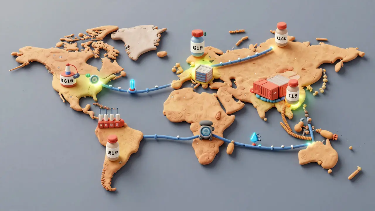 Une carte mondiale montre des chaînes d'approvisionnement pharmaceutiques reliées par des bouteilles de médicaments et des capteurs IoT.