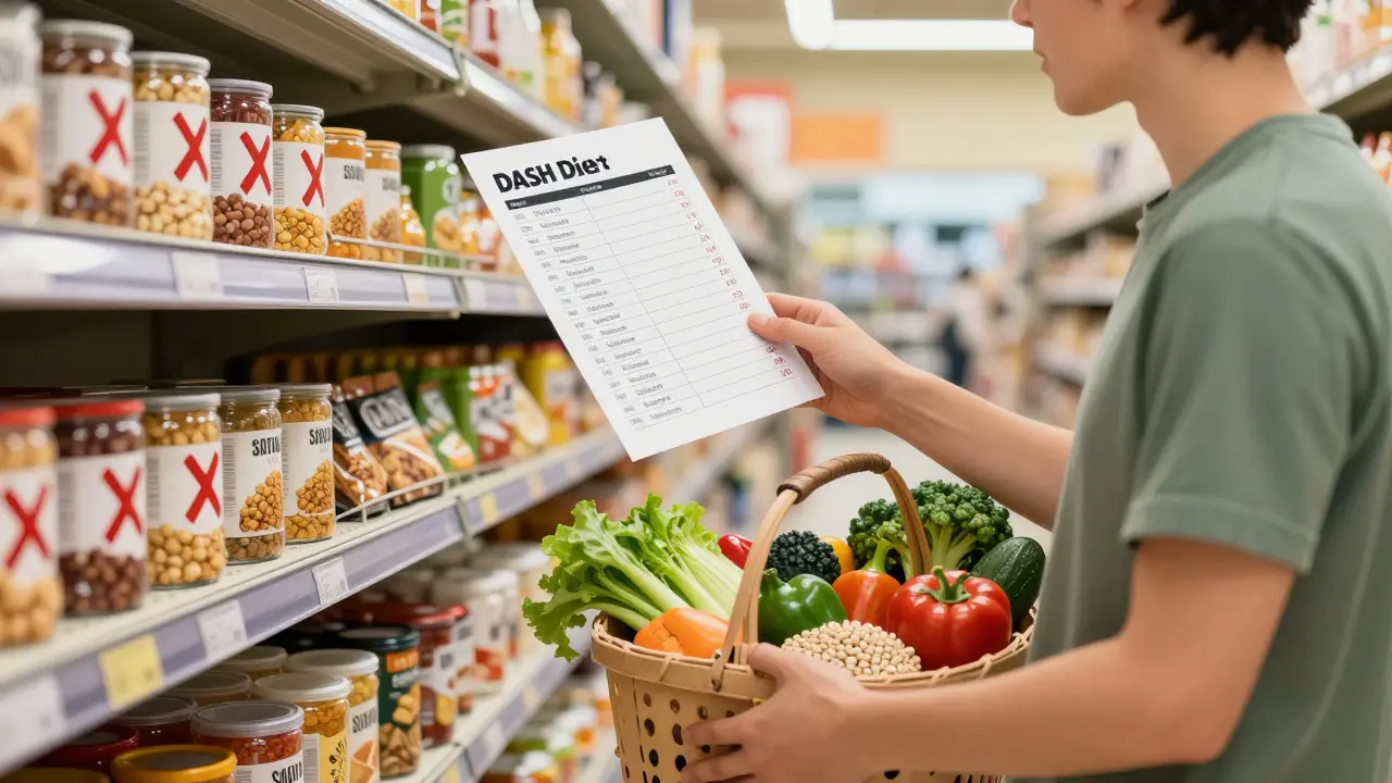 Une personne dans un supermarché choisissant des aliments sains pour un régime DASH, entourée d'aliments transformés.