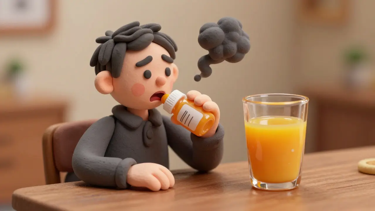 Caractère argile masquant le goût amer du médicament avec un jus d'orange.