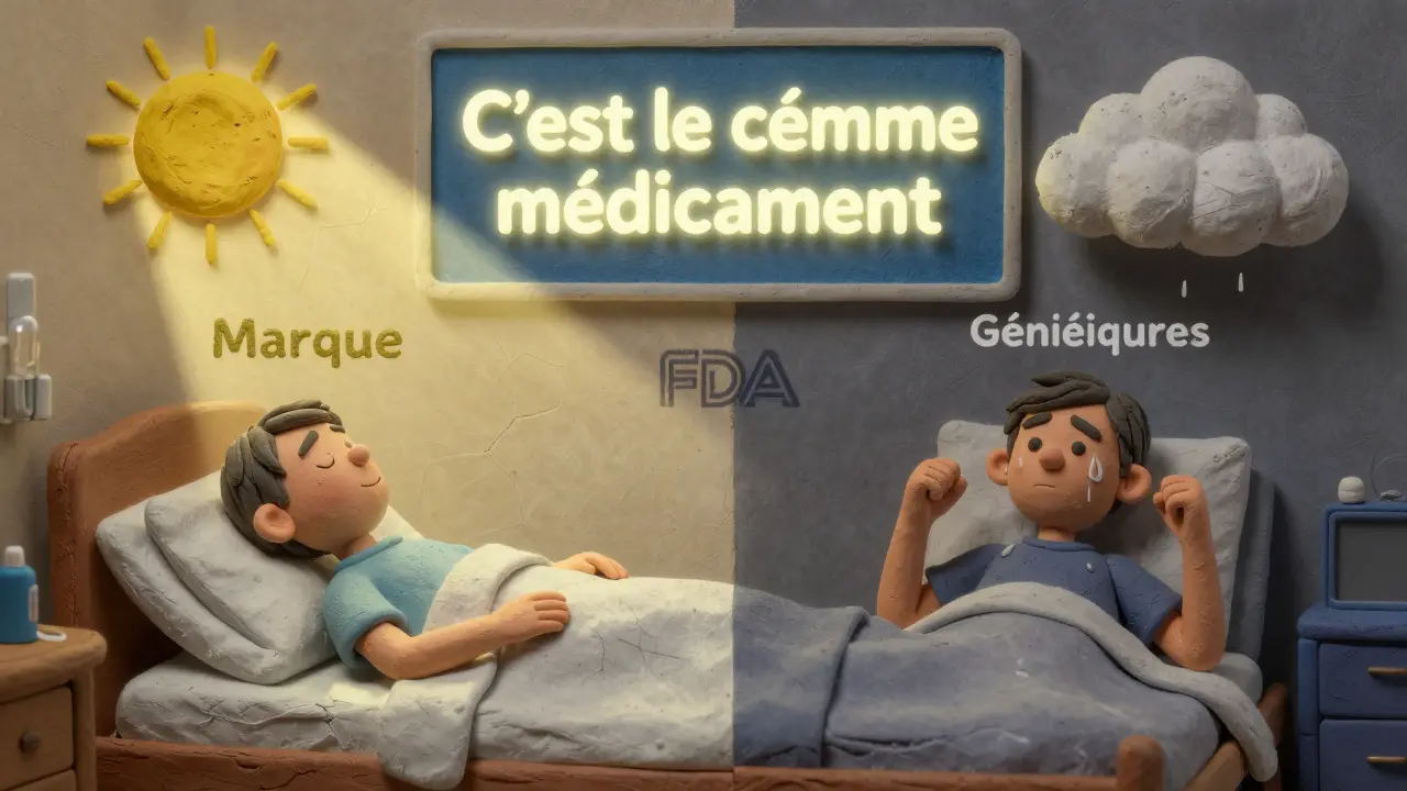 Deux patients identiques dans leur lit : l'un sous un soleil apaisant, l'autre sous un ciel sombre, symbolisant l'effet de l'étiquette sur la perception du traitement.