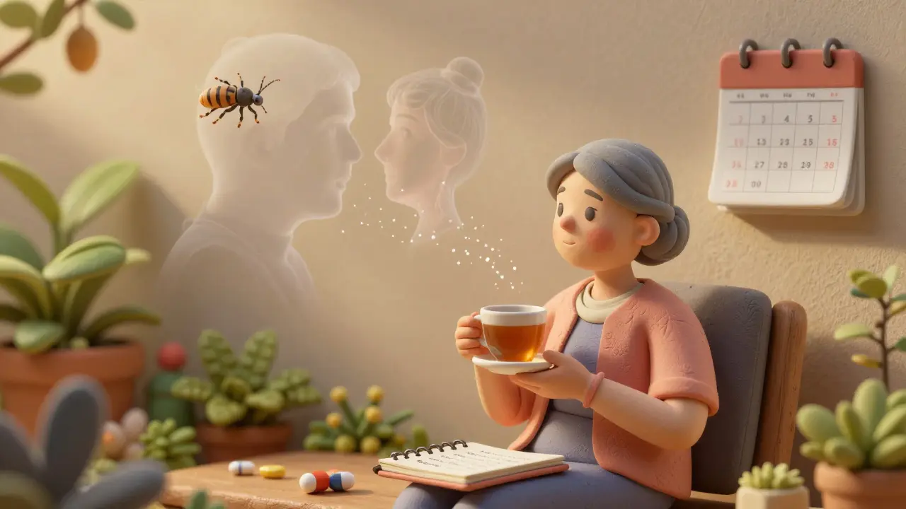 Femme âgée en convalescence, les hallucinations disparaissent dans la lumière du jardin.