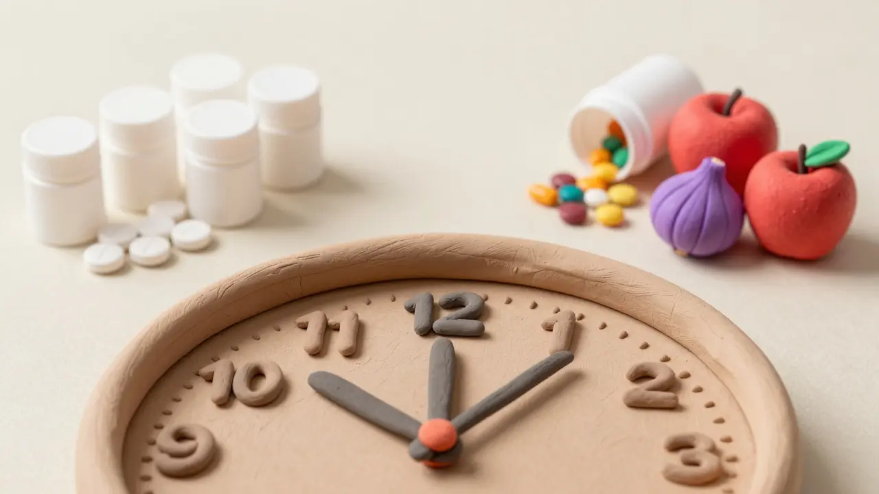 Horloge et fruits montrant l'écart temporel entre médicaments et suppléments