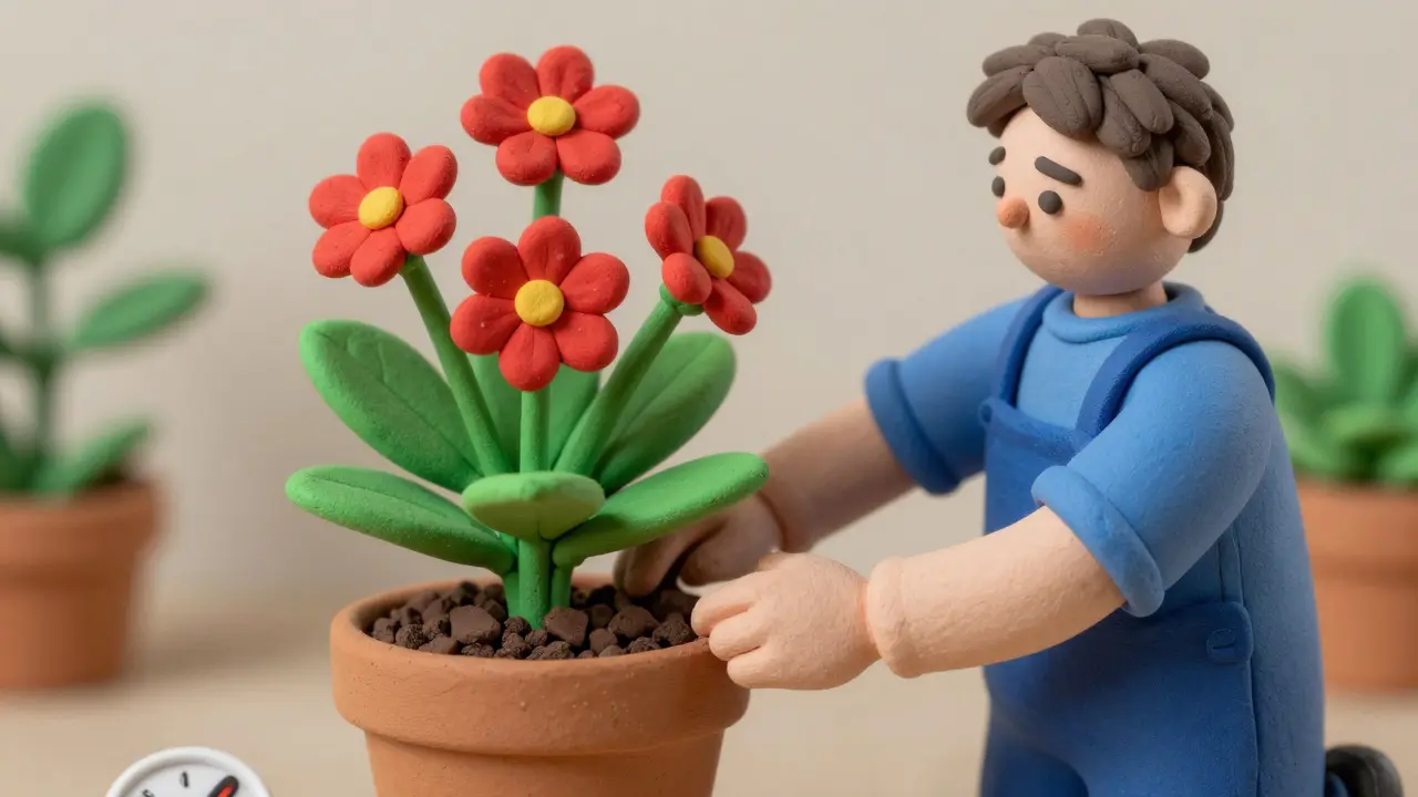 Jardinier tenant une plante aux fleurs rouges et feuilles vertes symbolisant l'équilibre vital.