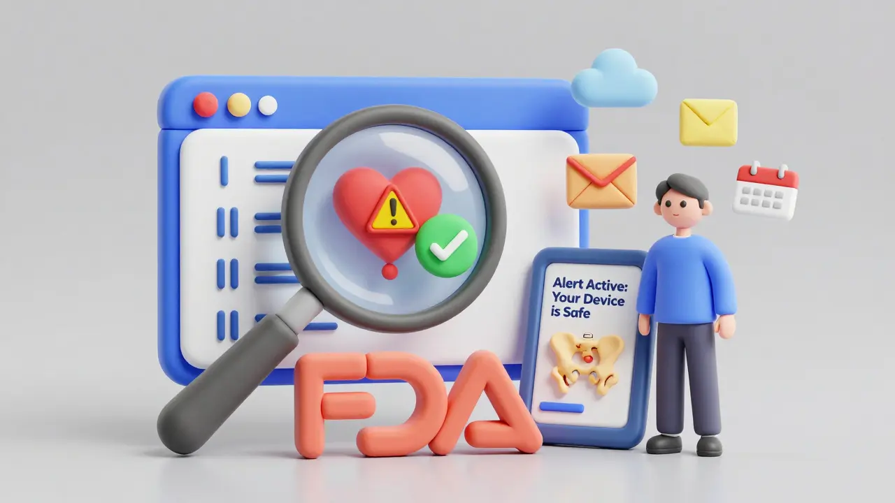 Logo de la FDA avec un écran affichant les classes de rappel médicaux et un patient vigilant.