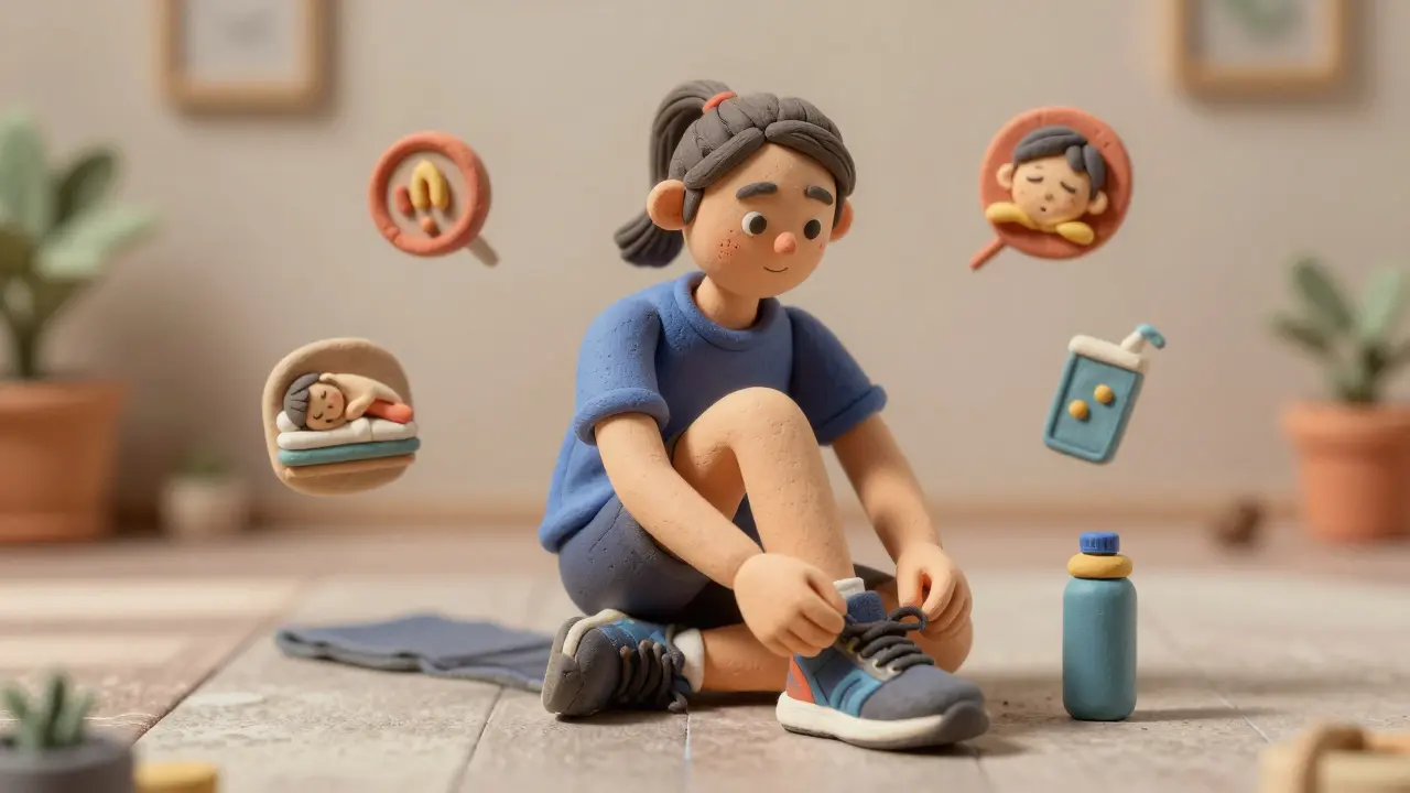 Personnage argile attachant sa chaussure facilement symbole de mobilité fonctionnelle améliorée.