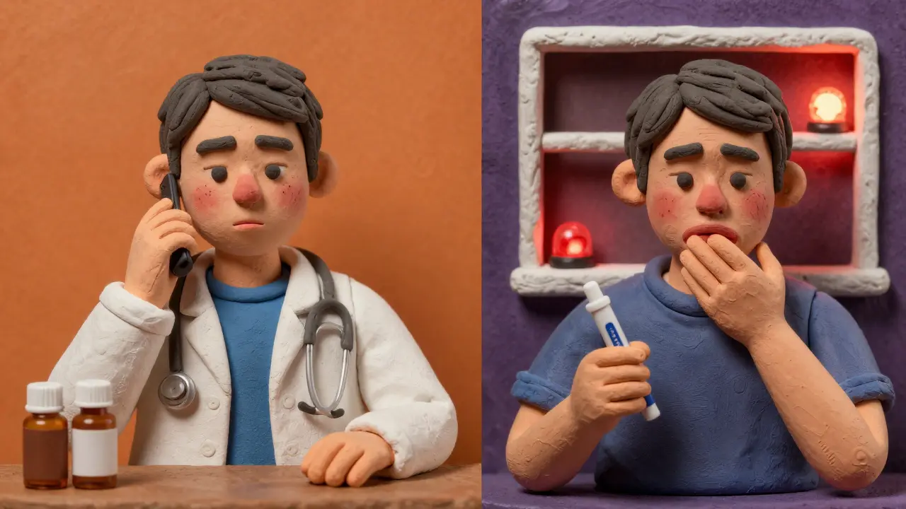 Scène comparant une réaction bénigne à une urgence allergique, avec et sans symptômes graves.