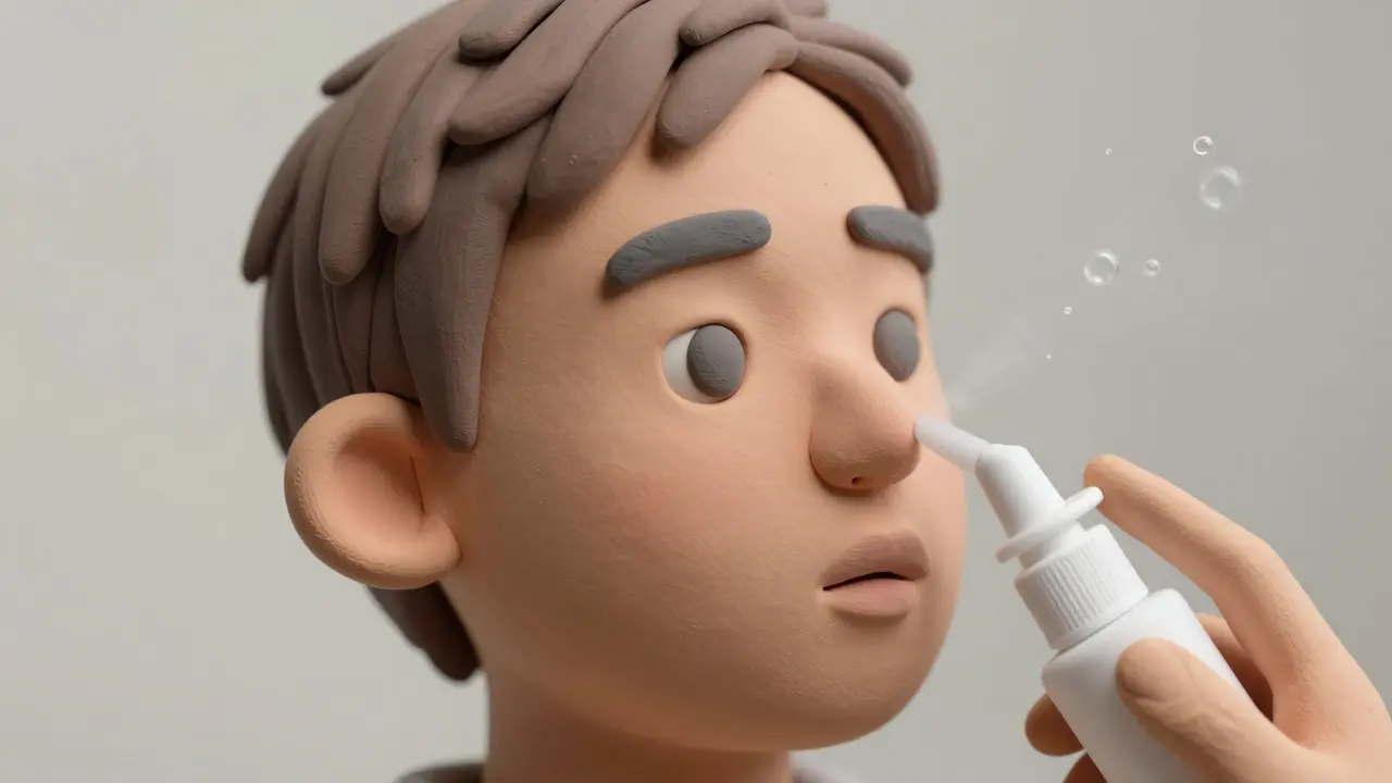 Technique correcte d'utilisation du spray nasal montrant l'angle de la tête.