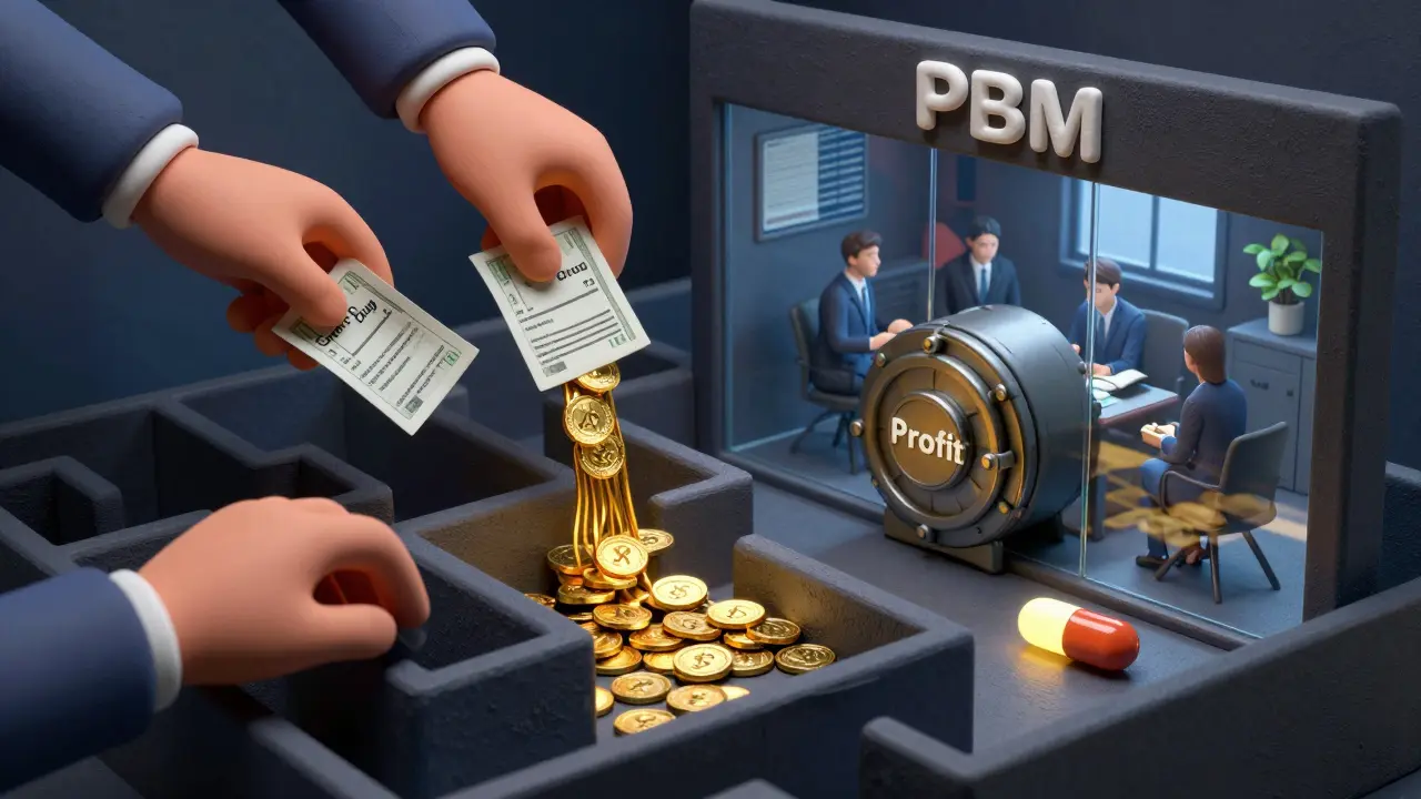 Un bureau sombre dirige des flux d'argent cachés depuis les médicaments génériques vers un coffre, avec un pilule générique isolée.