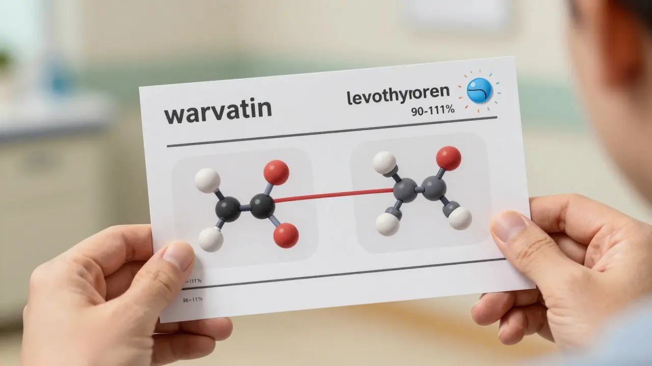Un patient reçoit un médicament générique, avec des représentations visuelles de l'absorption sanguine et des médicaments à index étroit.