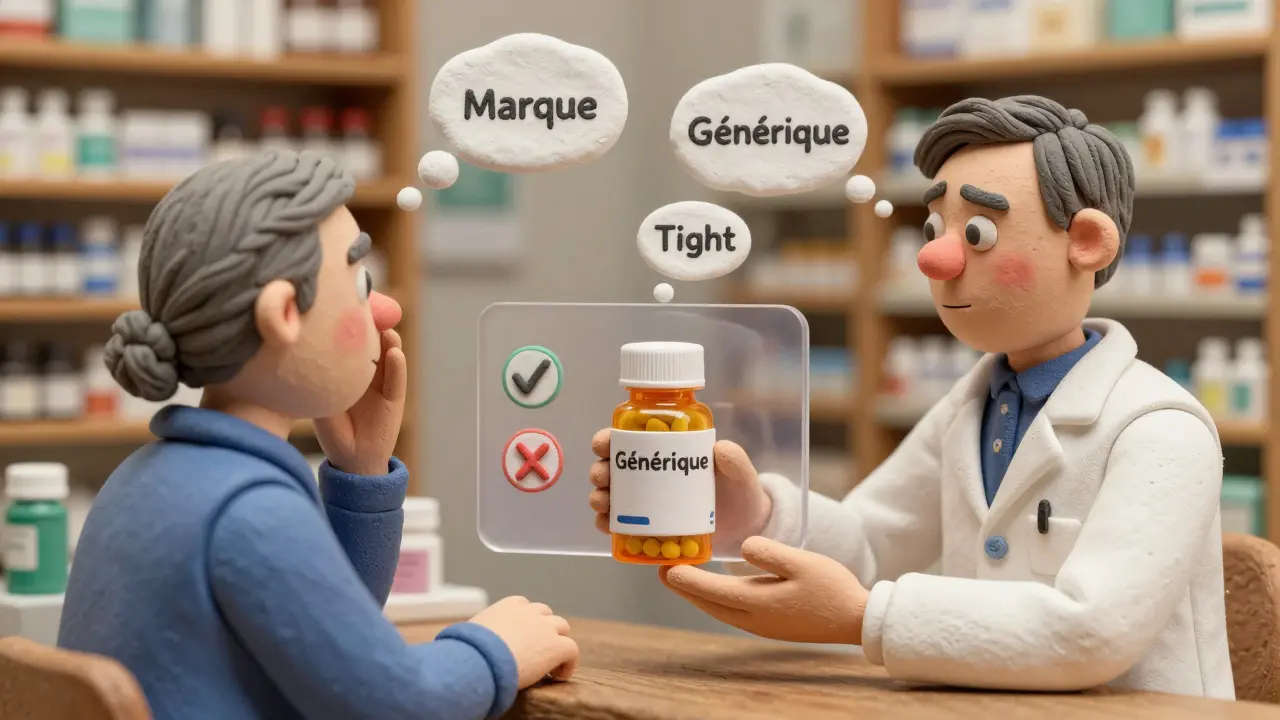 Un pharmacien remet une boîte de médicaments à un patient, tandis qu'une étiquette flottante montre des symboles de confiance et de doute.