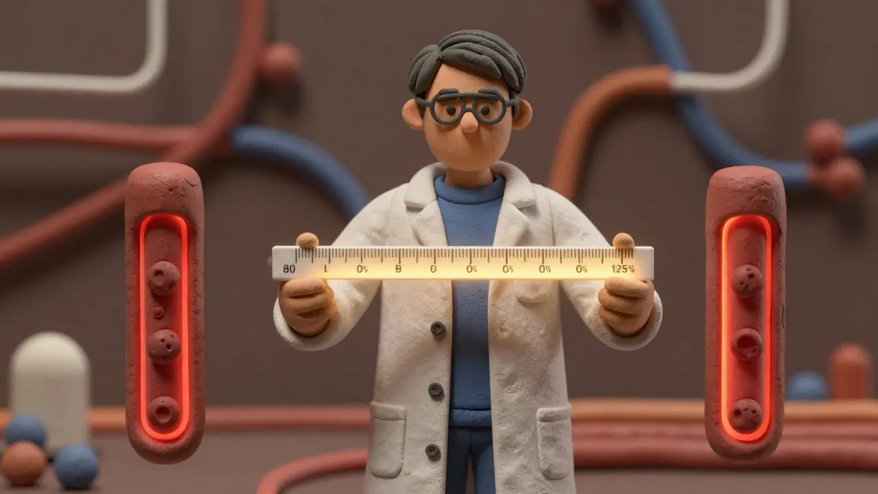 Un scientifique tient une règle de confiance à 90 % étalonnée entre 80 % et 125 %, avec des courbes pharmacocinétiques autour.