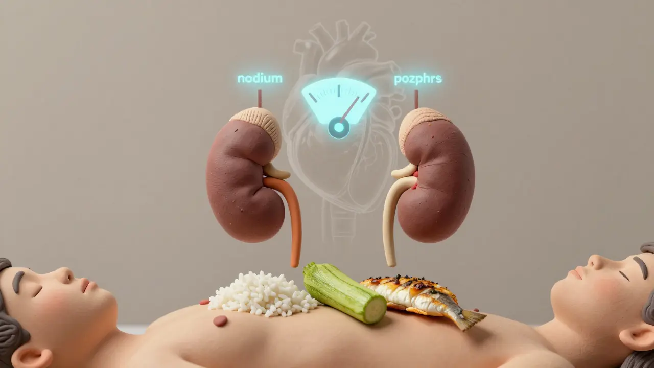 Un tableau médical affiche les niveaux de minéraux qui baissent grâce à une alimentation rénale saine.
