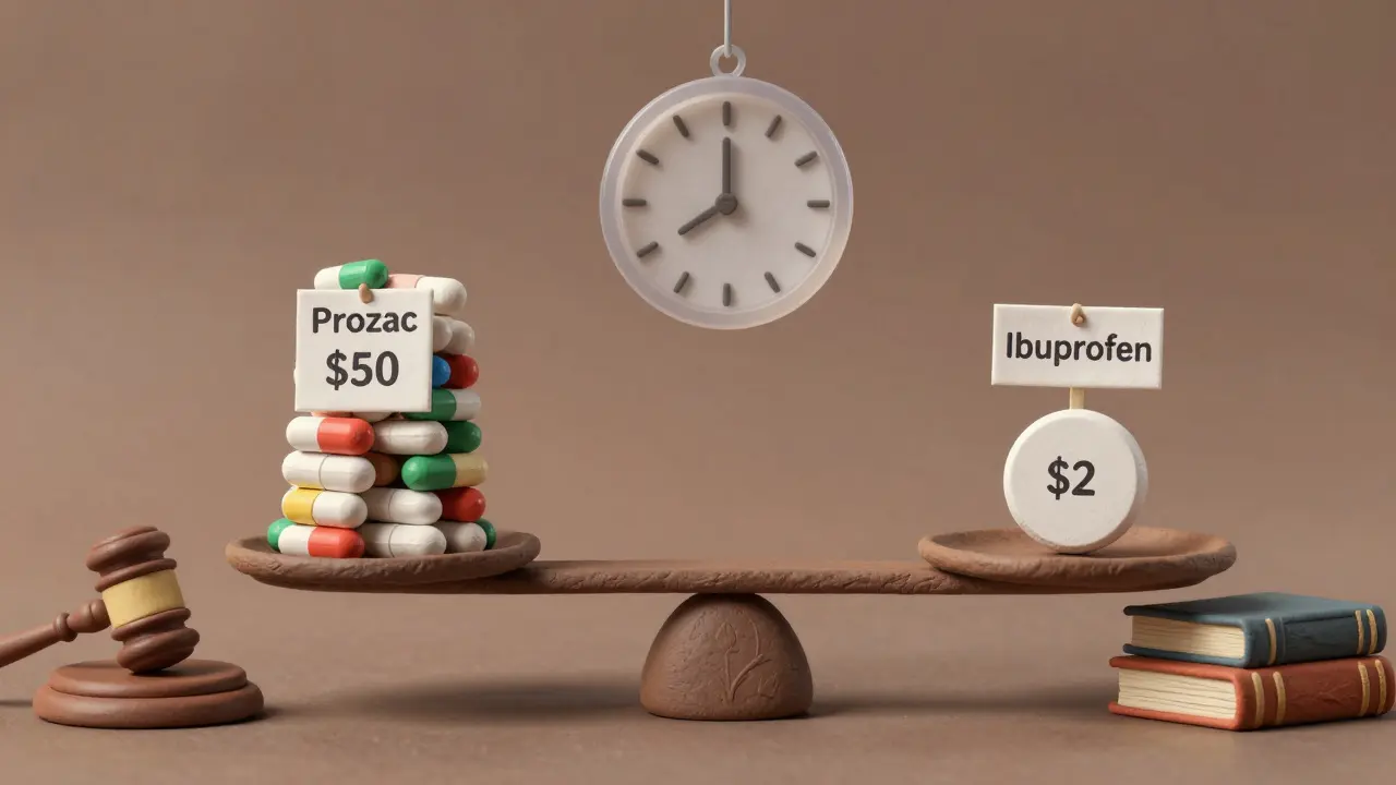 Une balance montre le prix élevé des médicaments de marque contre le prix bas des génériques.