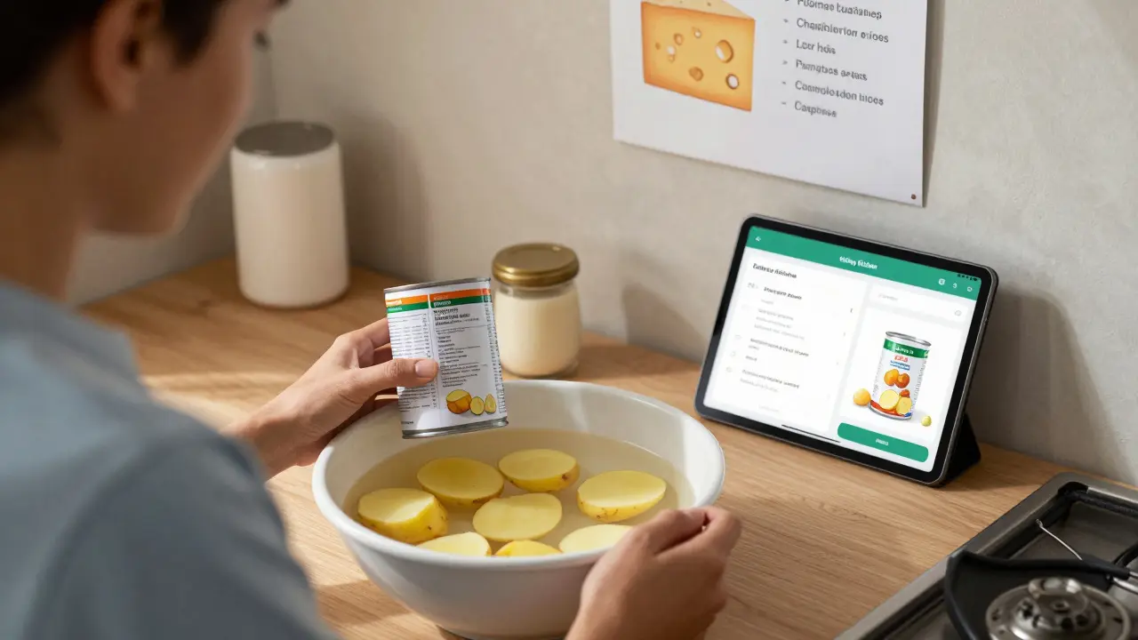 Une personne fait tremper des pommes de terre pour réduire leur potassium, en regardant une étiquette nutritionnelle sur un écran.
