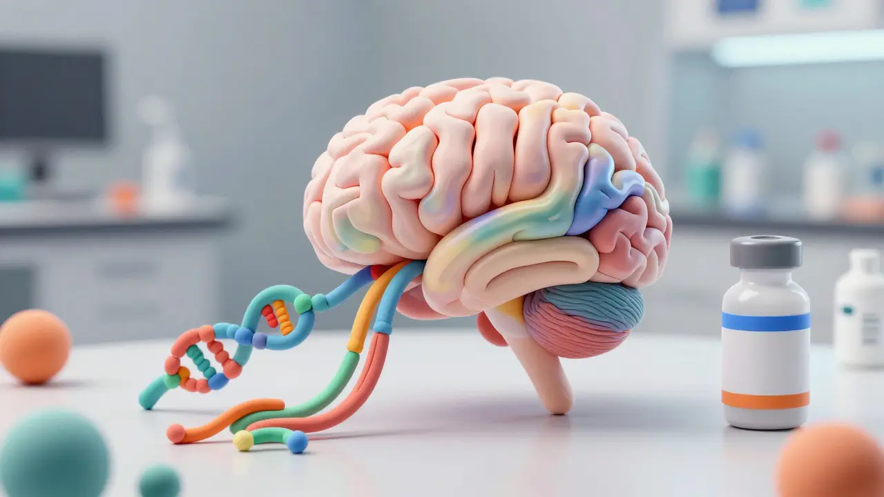 Cerveau d'IA en 3D reliant des données génétiques à un médicament.