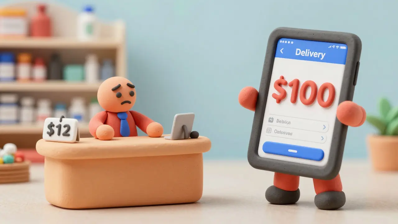 Comparaison humoristique des prix entre une pharmacie physique et une pharmacie en ligne.