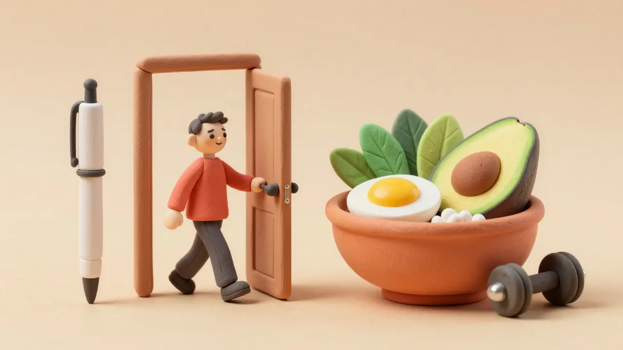 Composition en pâte à modeler montrant un stylo médical, des aliments protéinés et des haltères.