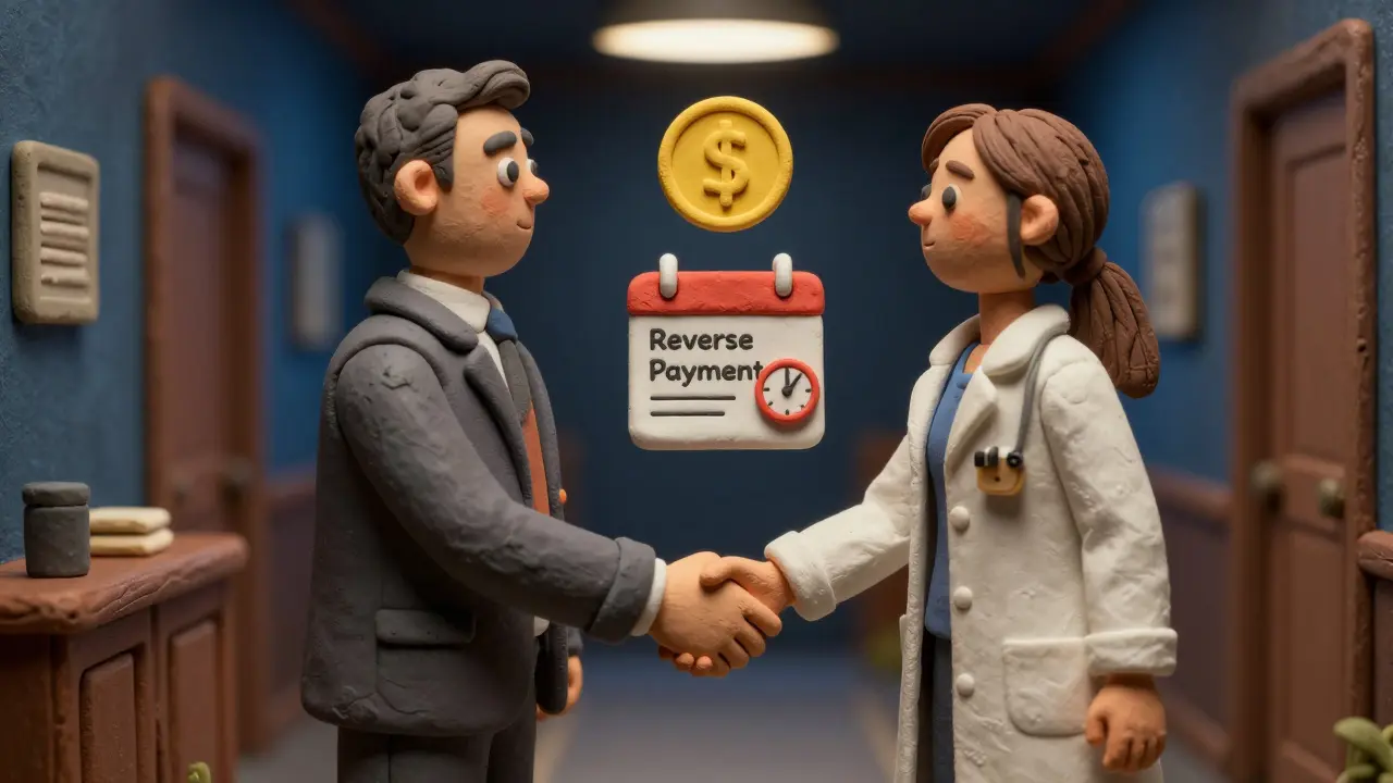 Deux personnages en pâte à modeler concluant un accord secret de paiement inversé.