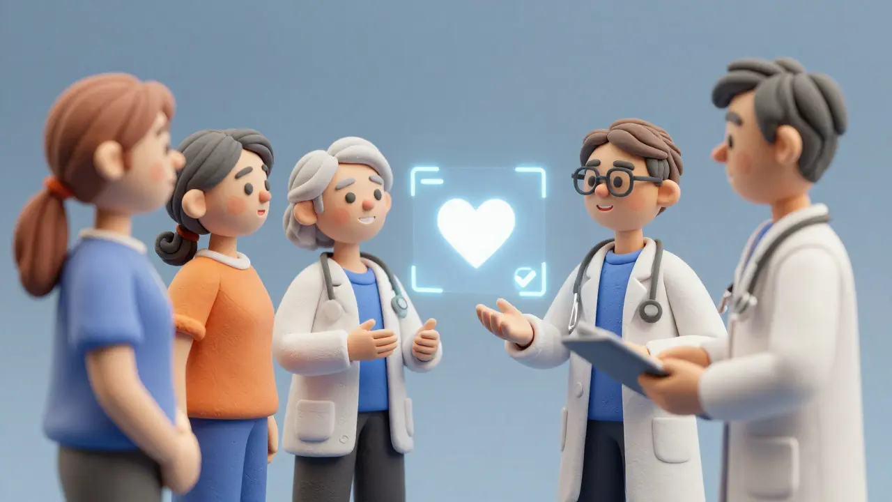 Groupe diversifié de patients et un médecin échangeant avec confiance en style pâte à modeler.