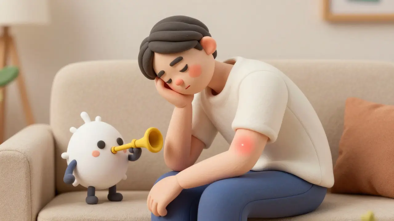 Illustration en argile d'une personne fatiguée avec une réaction immunitaire stylisée.