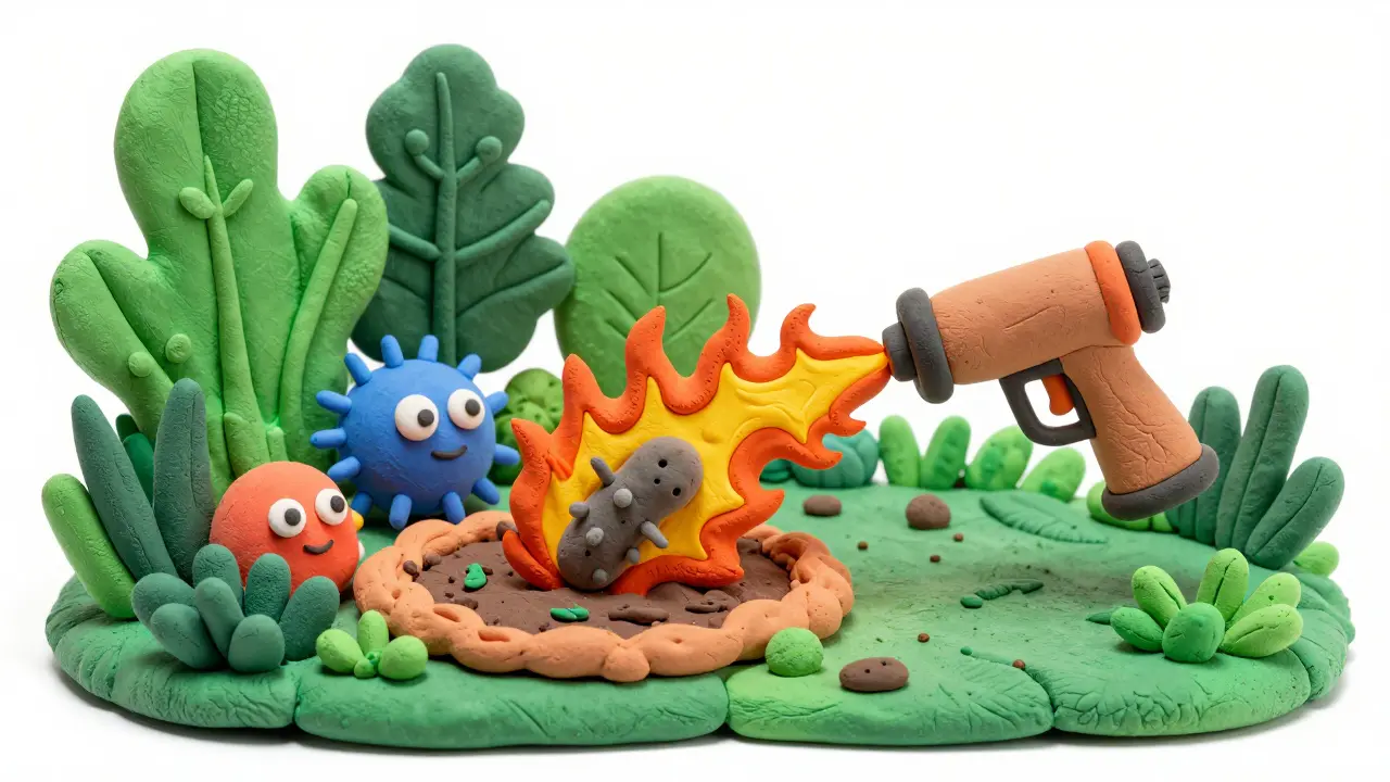 Jardin intestinal en pâte à modeler brûlé par un lance-flammes symbolique.