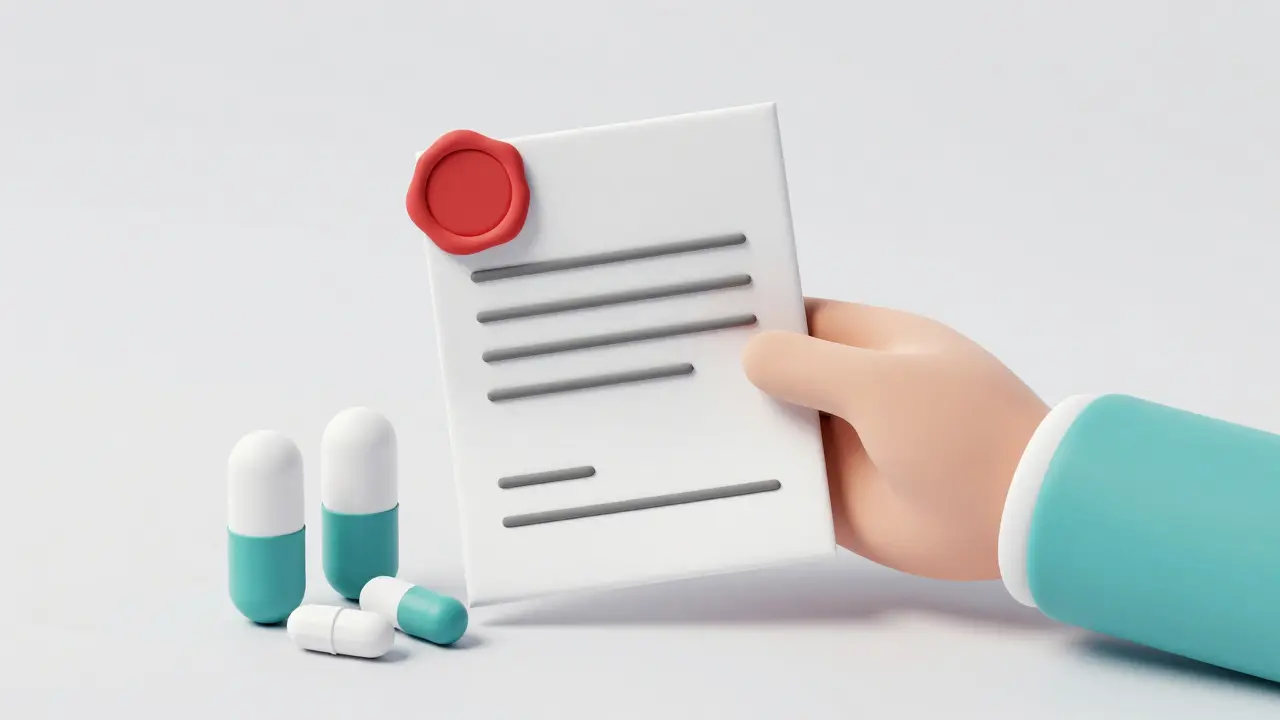 Main en pâte à modeler tenant une ordonnance médicale à côté de comprimés génériques.