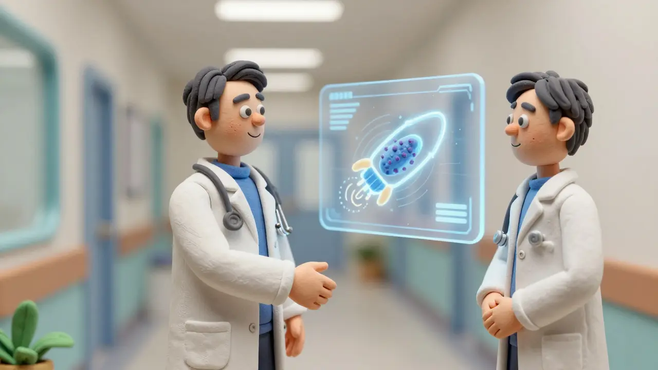 Médecin et pharmacien en pâte à modeler discutant de médecine de précision.