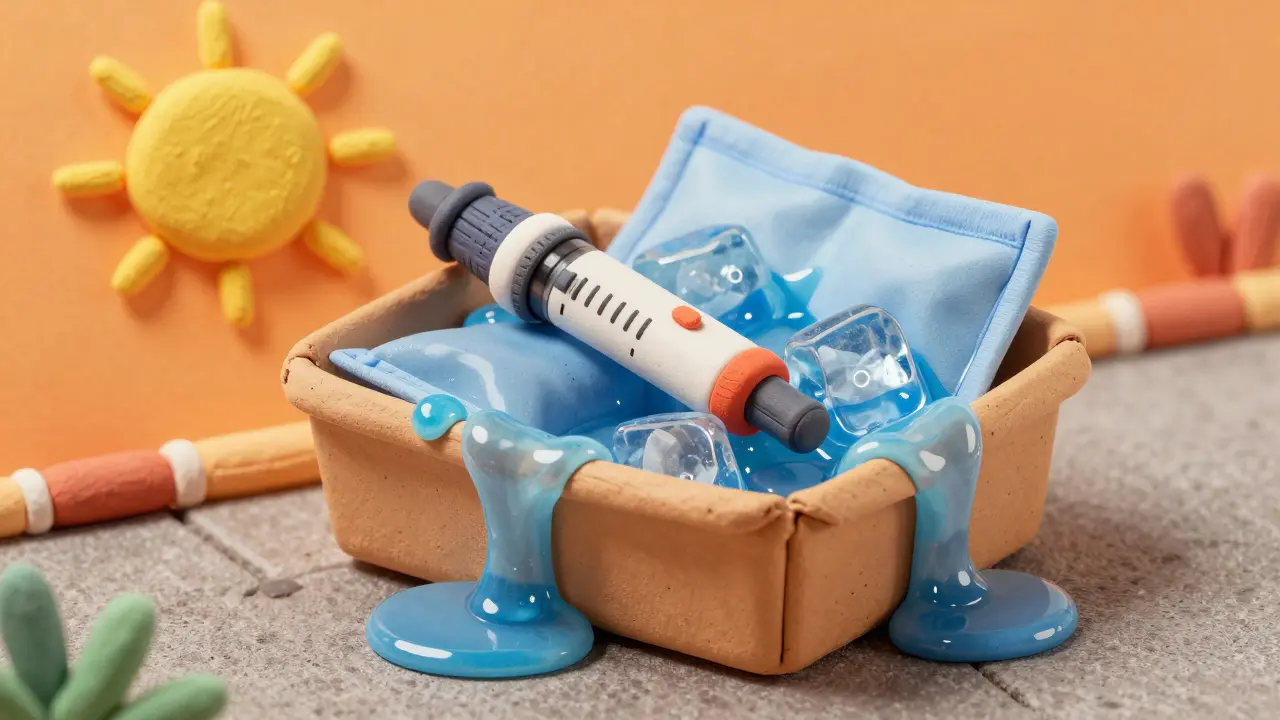 Médicaments et packs de glace fondus dans un colis exposé au soleil d'été.