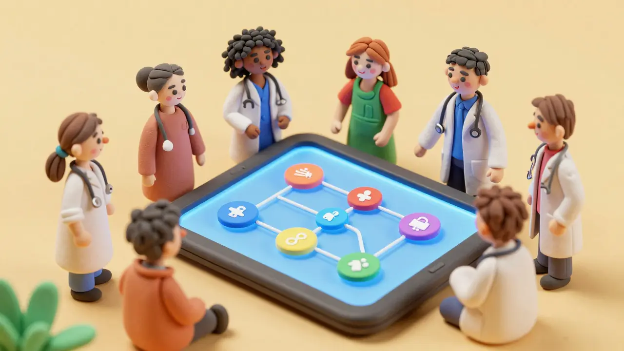 Rendu en pâte à modeler de médecins et patients utilisant une technologie équitable pour la santé.