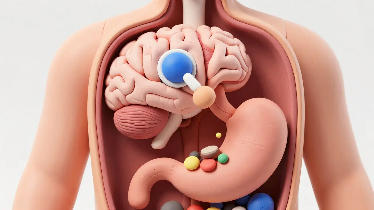 Représentation conceptuelle en pâte à modeler de l'effet du médicament sur le cerveau et l'estomac.
