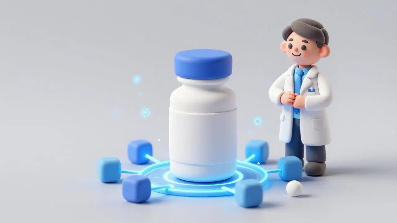 Représentation d'une boîte de médicament sécurisée par une chaîne blockchain.