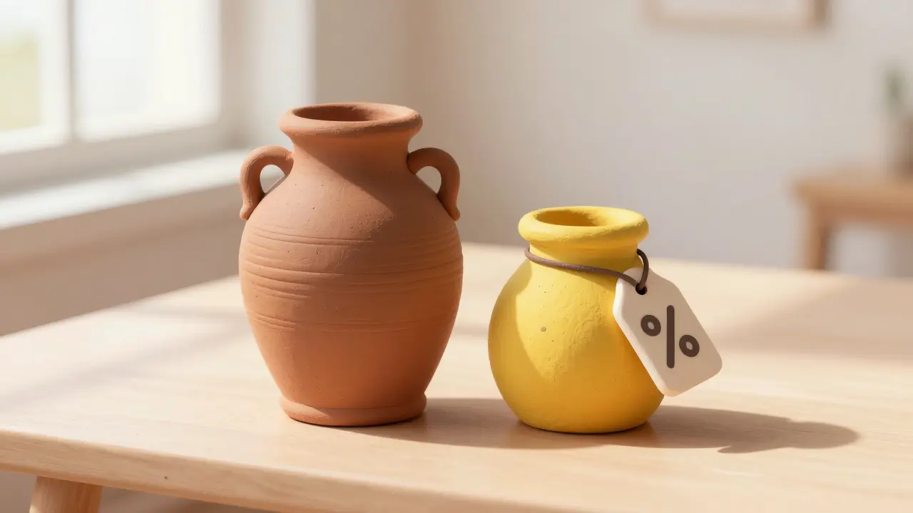 Comparaison visuelle de prix avec des pots en pâte à modelée et un bon de réduction.